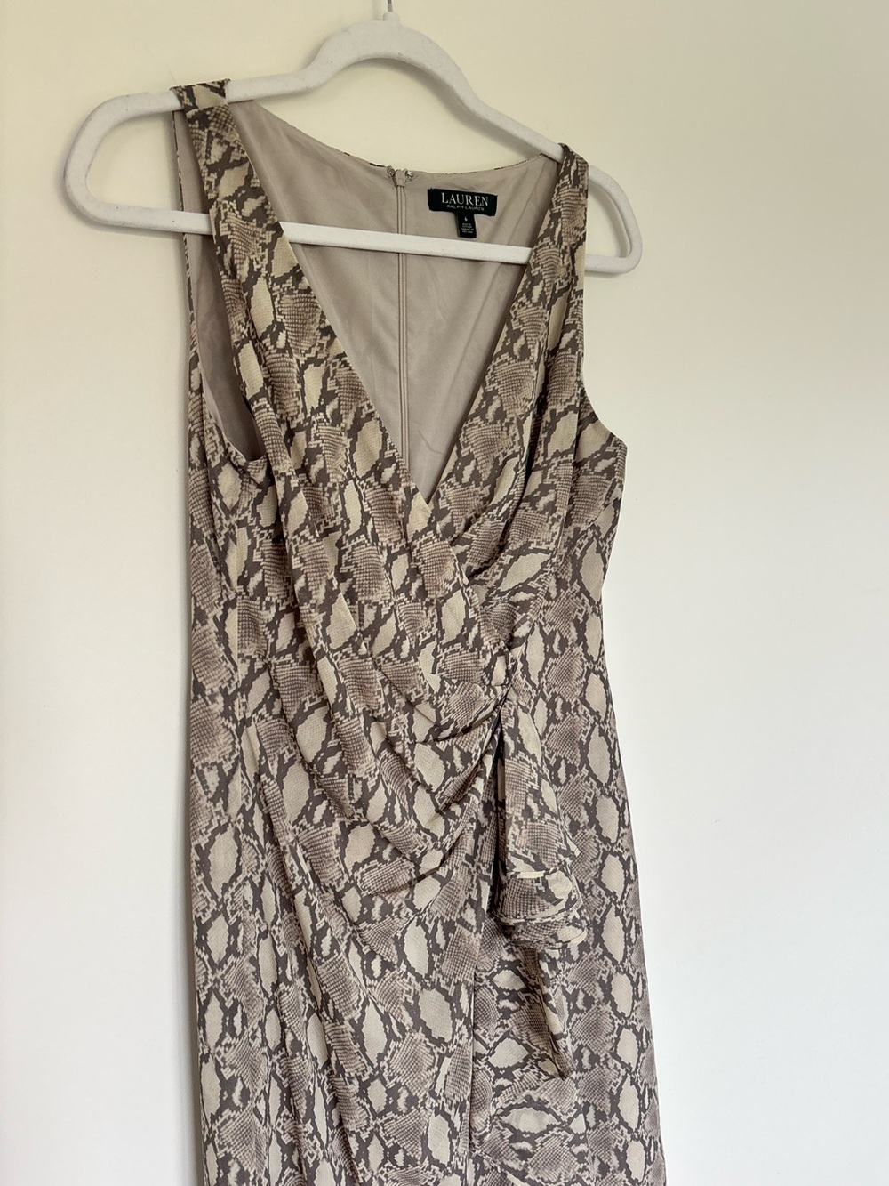 Lauren Ralph Lauren Taupe Snake Print Faux Wrap Dress | Sleeveless Midi | Size 6